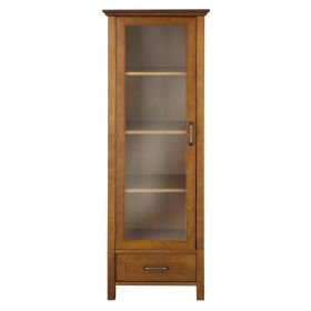 Oak Glass Door Linen Tower Bathroom Storage Cabinet