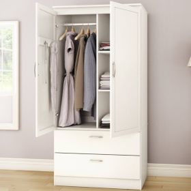 White Wood Wardrobe Armoire with Drawers & Hanging Rod