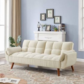 Beige Tufted Mid-Century Convertible Sofa Bed