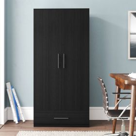Modern Black Wood Armoire Wardrobe with Drawer Storage
