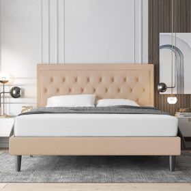 Beige Linen Queen Platform Bed with Tufted Headboard