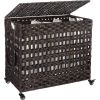Brown Rattan 3-Compartment Rolling Laundry Sorter
