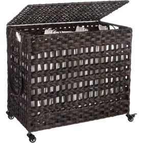 Brown Rattan 3-Compartment Rolling Laundry Sorter