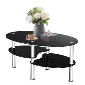 Modern Black Tempered Glass Coffee Table with Storage Shelf