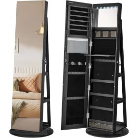 Black Rotating Jewelry Armoire Mirror Cabinet with LED Lights