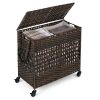 Rolling PE Rattan Laundry Hamper 2 Section Brown