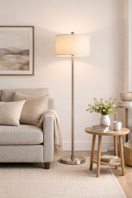 Satin Steel Floor Lamp White Drum Shade