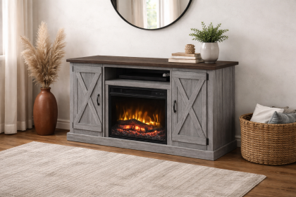 Manufactured Wood TV Stand Electric Fireplace Grey