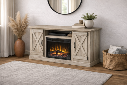Manufactured Wood TV Stand Electric Fireplace Pine