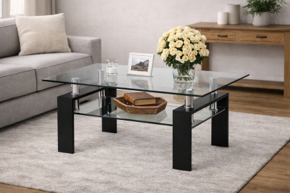 Tempered Glass Coffee Table Black Metal 2-Tier