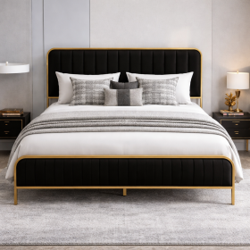 Queen Gold Metal Bed Frame with Black Velvet Headboard