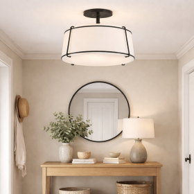 15 Inch White Drum Semi Flush Ceiling Light Black Metal