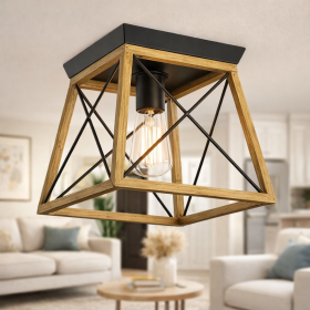 Rustic Wood & Metal Retro Flush Mount Ceiling Light