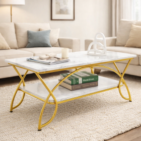 White Marble Gold 2-Tier Modern Coffee Table
