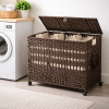 Brown Rattan 3-Compartment Rolling Laundry Sorter