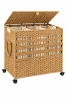 Tan Rattan 3-Compartment Rolling Laundry Sorter Cart