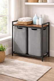 Grey Double Laundry Sorter with Shelf & Black Frame