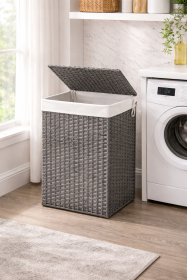 Grey Woven Rattan Laundry Hamper with Lid & Liner