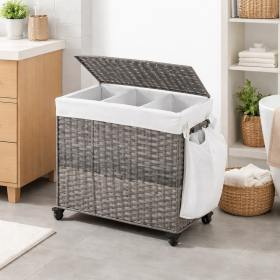 Grey Rattan 3-Bag Rolling Laundry Sorter Cart