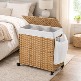 Natural Wicker 3-Section Rolling Laundry Sorter
