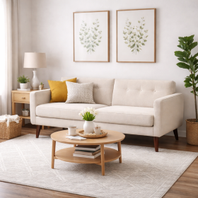 Mid-Century Beige Upholstered Loveseat Sofa