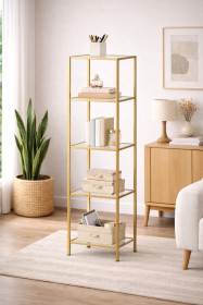 Slim Gold Metal & Glass 5-Tier Storage Bookcase