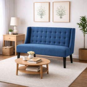 Blue Linen Button-Tufted Scandinavian Loveseat
