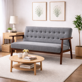 Modern Gray Button-Tufted Wood Frame Loveseat Sofa