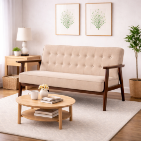 Beige Button-Tufted Wooden Frame Mid-Century Loveseat