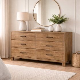 Rustic Pine Farmhouse Solid Wood 6-Drawer Double Dresser