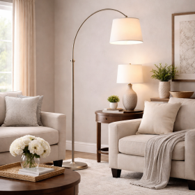 62" Satin Steel Arc Floor Lamp White Linen Shade