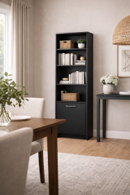 Black Wood Bookcase with 3 Shelves & Bottom Door