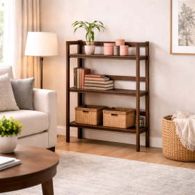 Walnut Wood 3-Shelf Folding Stackable Bookcase