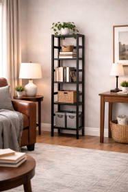 Black Wood 4-Tier Folding Shelf Bookcase Tower