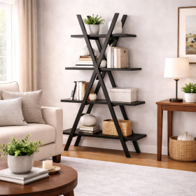 Black Wood A-Frame 4-Shelf Modern Bookcase