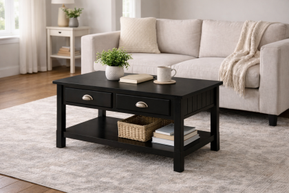 Black Wood Coffee Table with Drawers & Shelf