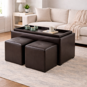 Espresso Faux Leather Storage Bench Ottoman Set