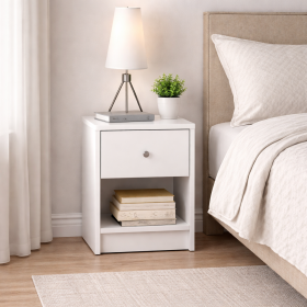 White Modern Nightstand with Drawer & Shelf