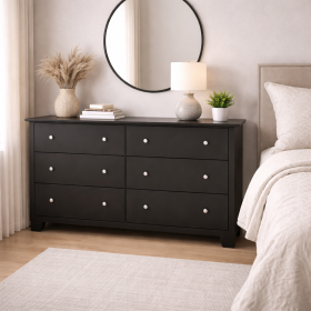 Black 6 Drawer Bedroom Dresser with Nickel Knobs