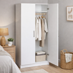White Wood Wardrobe Cabinet with Hanging Rail & Shelf