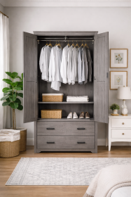 Retro Grey MDF 2-Door Wardrobe Cabinet with Drawer