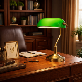 Classic Brass Bankers Desk Lamp Green Glass