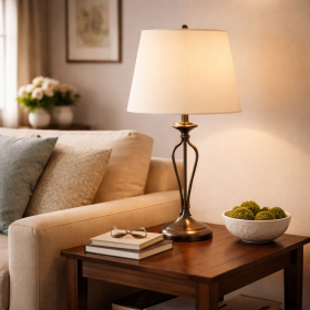 Bronze Metal Table Lamp Beige Linen