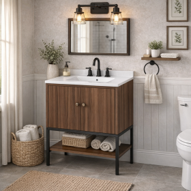 31 Inch Walnut Bathroom Vanity White Sink