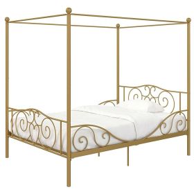 Full Gold Metal Canopy Bed Frame with Heart Scroll Design