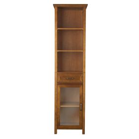 Oak Bathroom Linen Tower Cabinet with Glass Door & Drawer