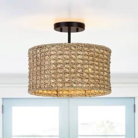 Boho Rattan Drum Semi Flush Ceiling Light 13 Inch
