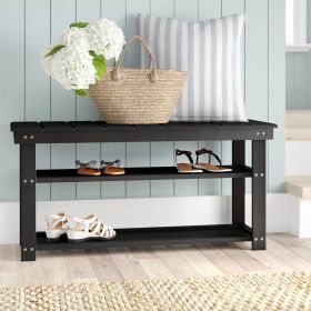 Black Wooden 2-Shelf Shoe Storage Bench Entryway Seat