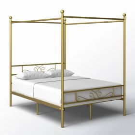 Full French Country Gold Metal Four Poster Canopy Bed