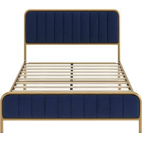 Gold Metal Full Bed Frame with Navy Velvet Headboard